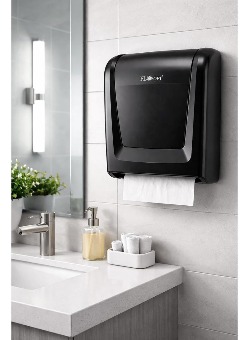 فلوسوفت موزع مناديل ورقية جداري بنظام طي Z مع قفل بمفتاح، حامل مناديل يدوي مصنوع من بلاستيك ABS، سعة 300 ورقة للاستخدام في الحمام والمطبخ والمكتب، لون أسود، 22 × 19 سم - Image 2